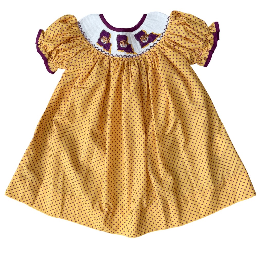 De‎ Da Coutures LSU Tiger Smocked Bishop Dress Yellow Purple Polka Dot 12M